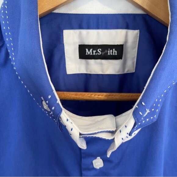 Mr.Smith men dress button up shirt blue white collar long sleeve 100% cotton XL - Picture 3 of 12